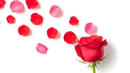 Fototapeta premium Valentine's day romance concept with red rose and petals on white background