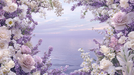 Romantic Floral Frame with Roses and Lavender over Sea Background