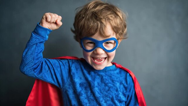 Kid dressed in a superhero costume with a red cape and blue mask making a strong pose on a studio background. Childhood power and overcoming challenge concept.