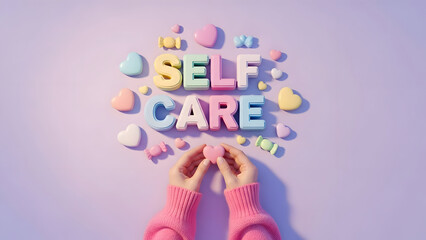 Valentine's day self care concept with colorful blocks and hands in pink gloves on purple background for mindful living and love