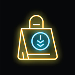 Neon shopping bag with a blue download symbol is glowing on a black background