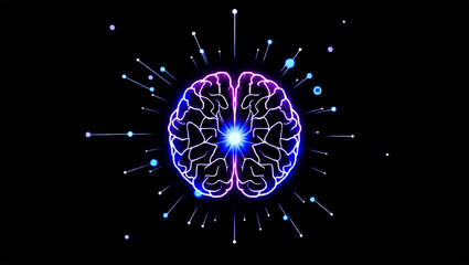 brain artificial intelligence glowing neon blue and purple with data points on black
