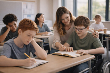 Fototapeta premium Calm Classroom Scene With Students Learning Together