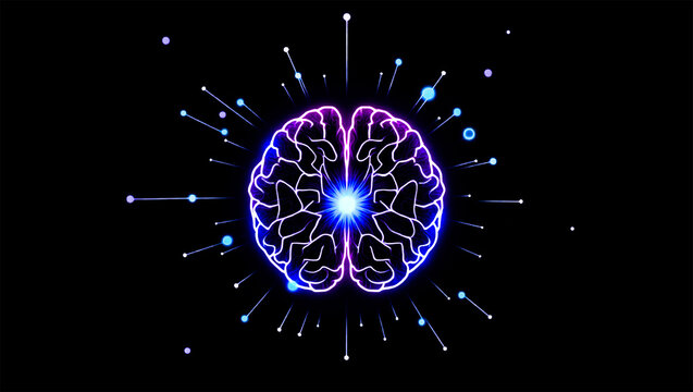 brain artificial intelligence glowing neon blue and purple with data points on black