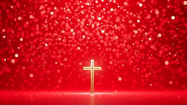 Golden cross on red background with sparkling lights and bokeh effect