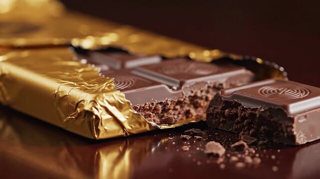 Close up of chocolate bar wrapped in gold foil on a reflective surface