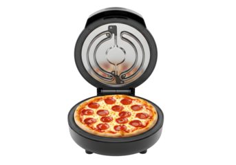 Electric Countertop Pizza Maker Machine with Pepperoni Pizza Inside Isolated on transparent background