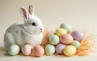 Happy easter sunday celebration with white bunny and colorful eggs