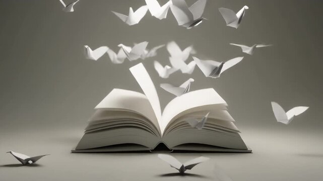 Paper Cranes Flying from Open Book