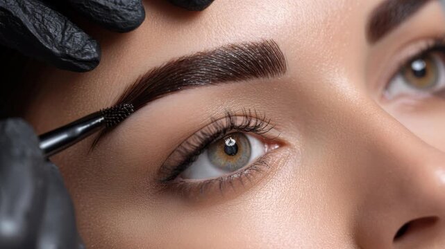 Eyebrow tinting. Master brush dye henna beautiful woman brows in beauty salon. Hand in black gloves applying of brow hair tint with a brush. Procedure Permanent make up tattoo. Cosmetic procedures.