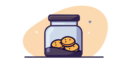 An illustrated cartoon depicts cookies inside a glass jar with a dark lid against a soft orange and white background, suggesting freshness and homemade treats.
