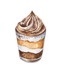 Watercolor illustration of tiramisu dessert in a glass decorated with whipped cream and cocoa powder. Detailed hand-drawn illustration of a portion of famous Italian dessert