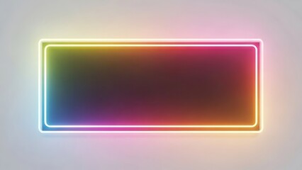 Neon rectangular frame with colorful gradient on gray background, glowing light effect, modern design element, vibrant colors, abstract shape