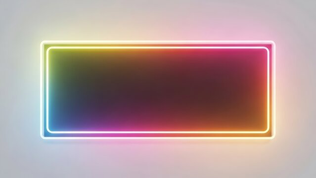 Neon rectangular frame with colorful gradient on gray background, glowing light effect, modern design element, vibrant colors, abstract shape - Powered by Adobe