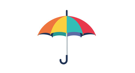 A simple and colorful flat design icon of an open rainbow-colored umbrella isolated on a clean white background for weather concepts.
