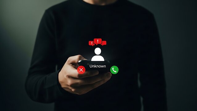 Man in black shirt holding smartphone with unknown caller notification and red alert icons on screen in dark room - Powered by Adobe