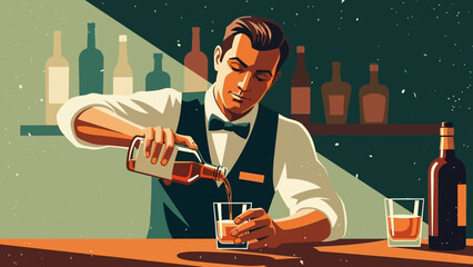 A professional waiter in a busy restaurant indoors is holding a tray and serving a glass of wine to a businessman sitting at a table