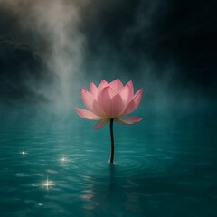 Pink Lotus Water Foggy Zen Mystical Ripples with Ethereal Glowing Sparkles Background