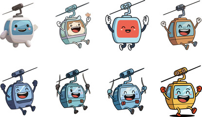 Cute cable car character collection with happy faces, colorful mountain gondola mascot set, fun transport vector illustrations for ski resort travel branding design, © ASH Labs