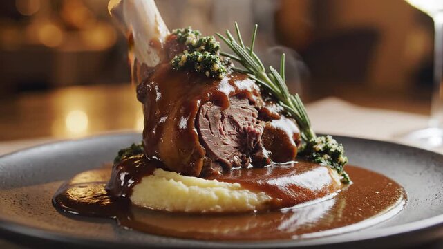 Gourmet dish braised meat with gravy mashed potatoes and garnishes
