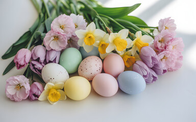Happy easter sunday celebration with colorful eggs and beautiful flowers
