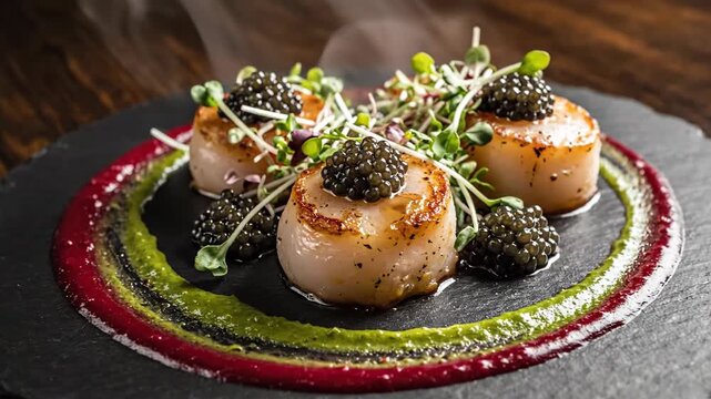 Gourmet dish of seared scallops with caviar and microgreens on stone plate