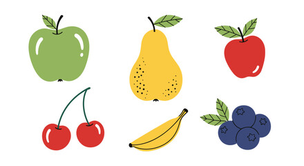 Charming collection of six simple hand-drawn fruits including apples pear banana cherries and blueberries for cute designs.