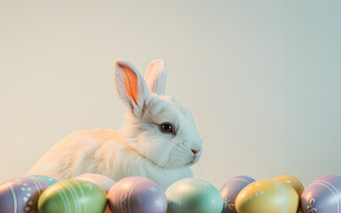 Happy easter sunday with white bunny surrounded by colorful eggs