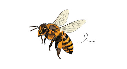 A realistic and detailed vector illustration of a honey bee in flight with a dotted trail isolated on a white background.