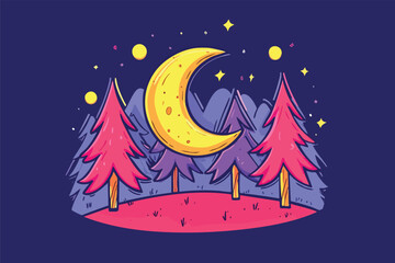 A whimsical illustration features a crescent moon, stars, and stylized pine trees set against a dark blue night sky, evoking a sense of calm and natural beauty.