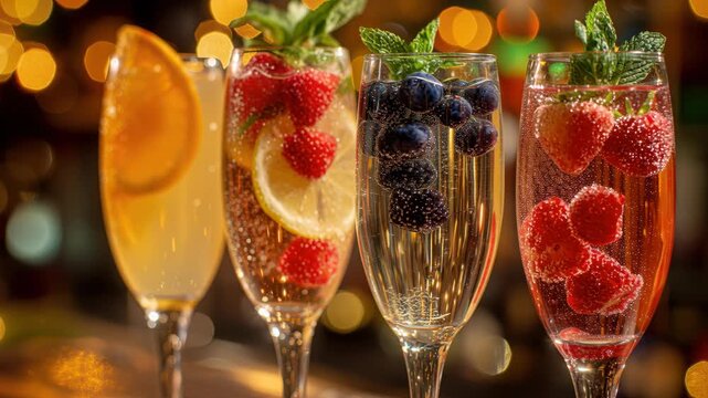 Festive Holiday Cocktails. Glasses of cocktails with Christmas decoration on bokeh lights background. Season drink set. Vibrant colorful display of various winter cocktails for New Year celebrations