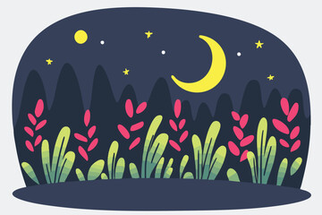 A whimsical illustration depicts a serene night scene with a crescent moon, stars, and stylized plants in the foreground, evoking a calm, peaceful atmosphere perfect for children's books.