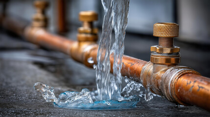 Damaged heating system pipes with water splashing around, plumbing failure, leak emergency, infrastructure damage, water spray, maintenance crisis, with copy space