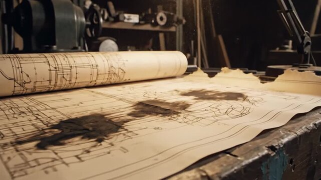 A rolled-up, smudged blueprint with ink marks on a workshop table, showcasing aged technical plans