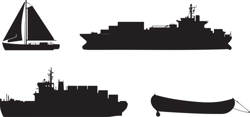 Obraz premium Silhouette collection of diverse maritime vessels including a sailboat cargo ship and a rowboat on a white background