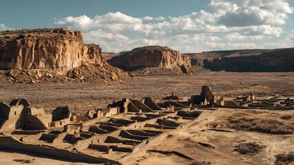 Ultra HD Ancient puebloan ruins of chaco culture national historical park in the arid new mexico desert landscape under cloudy sky video