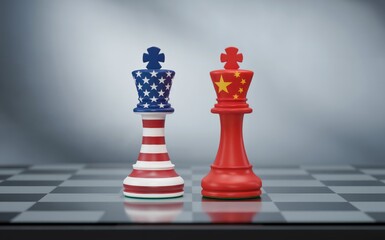 Two chess king pieces representing the United States and China stand on a chessboard in a tense strategic standoff The flags of both nations are prominently displayed on the kings in a clean studio se