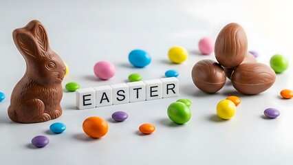 Chocolate easter bunny and eggs with colorful candy on white background