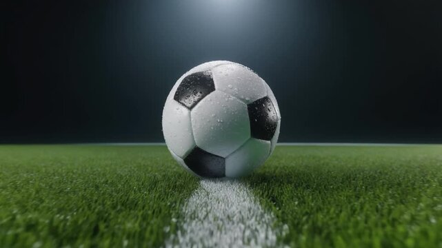 Soccer ball on wet grass field with spotlight