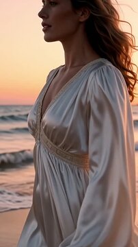 Elegant Lady Walking Barefoot on Sandy Shore During Golden Hour