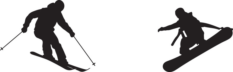 Obraz premium Silhouette of Skier and Snowboarder Mid- Jump on White Background skiing snowboarding
