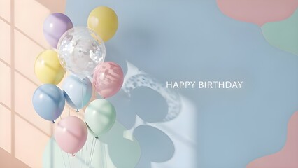 Beautiful pastel colored birthday balloons cluster gracefully near a soft wall with delicate light shadows creating a celebratory and cheerful atmosphere for greetings
