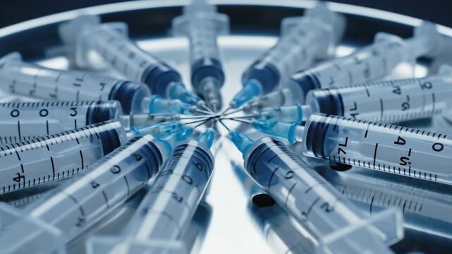 A sterile set of disposable plastic syringes with attached needles arranged in a circular pattern