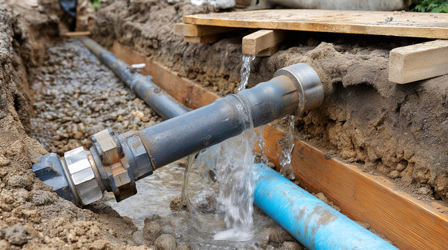 Damaged PVC pipe bursting with water, chaotic leakage, faceless plumbers fixing, disruptive explosion repair, broken waterline underground, with copy space