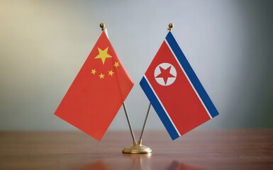Two small table flags for China and North Korea stand side by side on a polished wooden surface Soft diffused light brightens them creating reflections against a smooth gray background symbolizing int