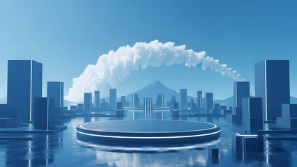 Futuristic cityscape with a large cloud formation and sleek skyscrapers in a blue tinted metropolis