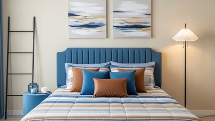 A modern bedroom interior with a serene blue upholstered bed and contemporary decor elements