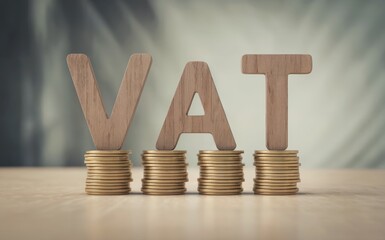 Wooden letters spelling VAT standing on four distinct stacks of golden coins on a light wooden table against a softly blurred light gray background in a professional studio setting with gentle illumin