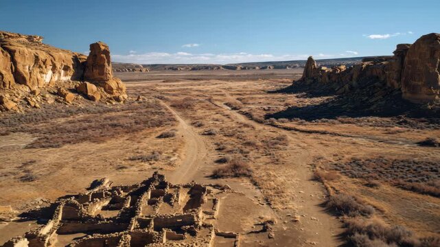 Ultra HD Aerial view of ancient pueblo bonito ruins in chaco culture national historical park, new mexico, surrounded by arid desert landscape and sandstone cliffs under a clear blue sky video