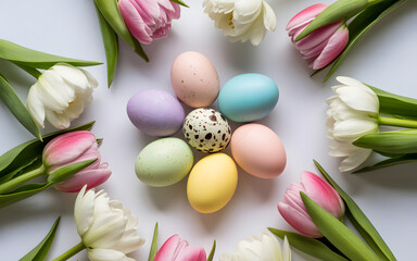 Happy easter sunday celebration with colorful eggs and tulips